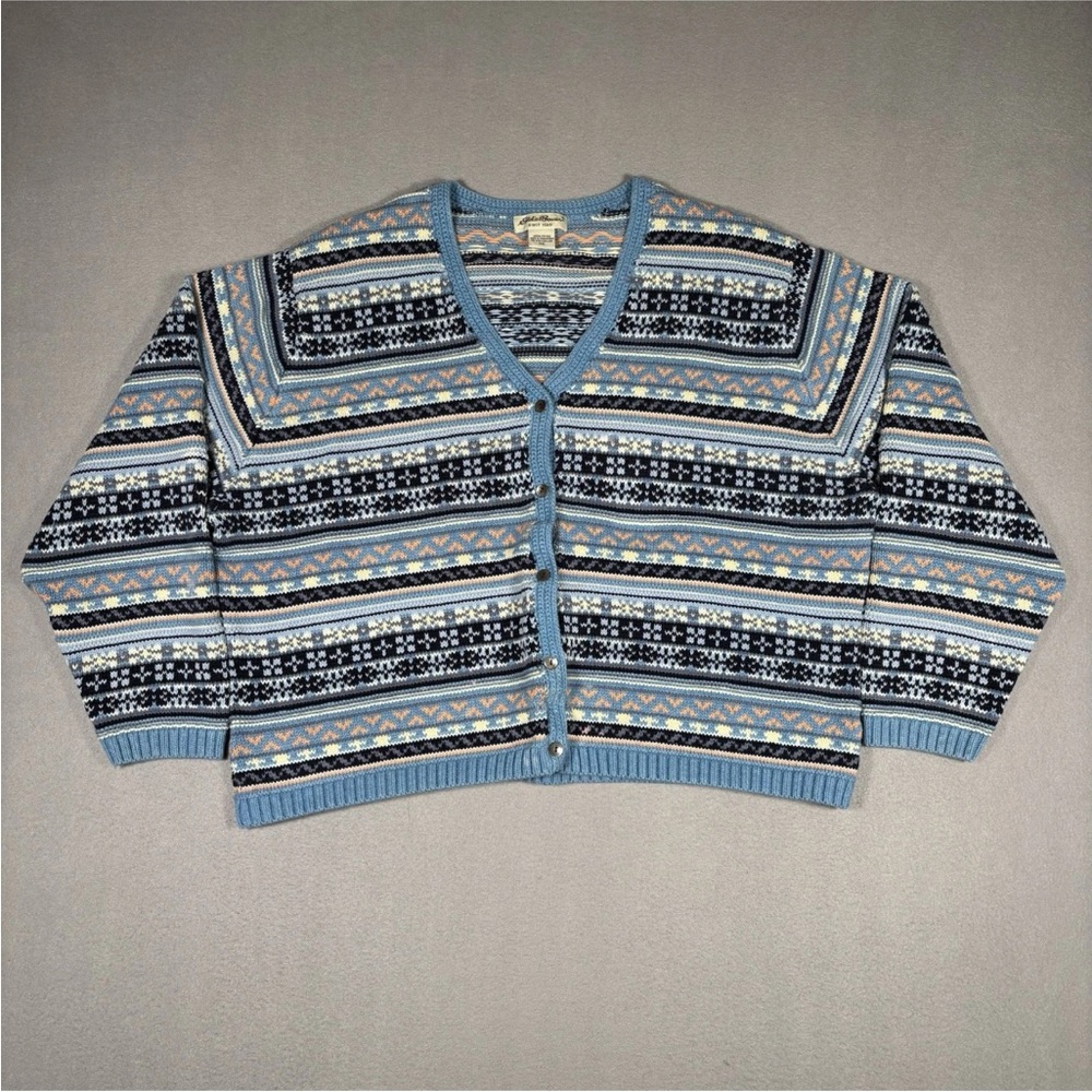 Vintage Eddie Bauer Cardigan Women’s 2XLarge Blue Fair Isle Cotton Knit